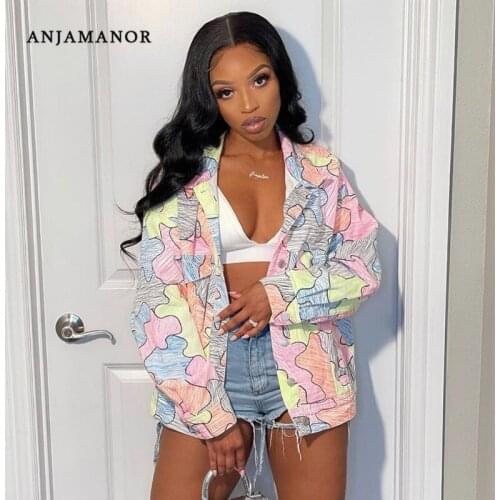 ANJAMANOR Graffiti Print Fall Fashion Coats and Jackets for Women 2021 Long Sleeve Button Up Shirts Cardigan Outwear D85-DH28