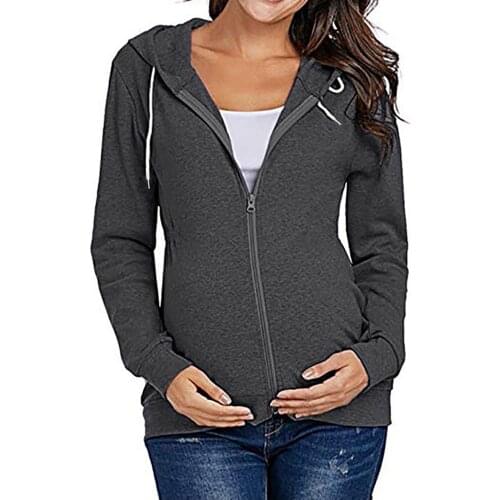 Womens Maternity Hoodie Sweatshirt Zipped Solid Pregnancy Clothes Hooded Jacket Long Sleeve Winter Shirt Elegant Women Clothes