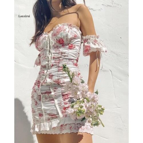 Women Floral Print Short Dress Sexy Slim Elegant Beach Dresses Fashion Off-Shoulder Summer Short Sleeve Party Dress Vestido
