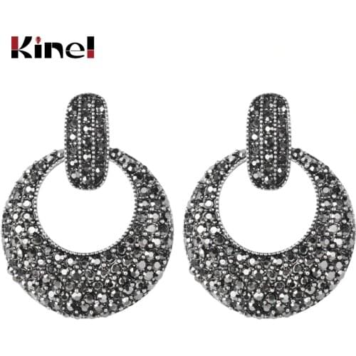 Kinel Fashion Retro Drop Earrings For Women Antique Silver Color Geometry Covered With Gray Crystal Wedding Earrings Party Gifts