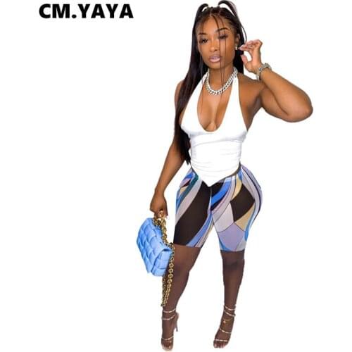 CM.YAYA Women Set Sleeveless Halter Deep O-neck Tops Sheath Elastic Print Shorts 2 Two Piece Set Acvie Tracksuit Sexy Outfits