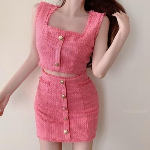 Summer Clothes For Women Tweed Two Piece Set Sleeveless Vest Crop Tops Shorts Skirt Suit Female Elegant 2 Piece Set Women 2021