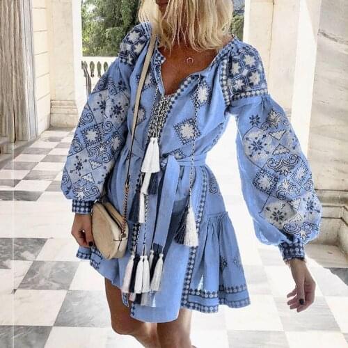Summer Print Vintage Elegant Women V neck Long Lantern Sleeve Floral Print Tassel Belt Party Mini Dress 2020 Fashion New