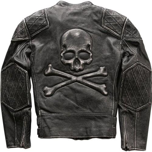 2021Mens Cowhide Coat Motorcycle Leather Jacket Mens Skull Print Leather Jacket Short Leather Jacket