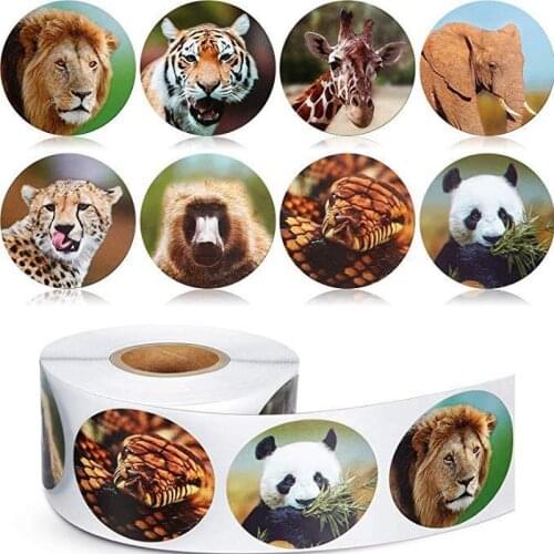 500 Sheets/Roll Animal Stickers Lion Tiger Panda Labels Gift Packaging Seal Sticker Birthday Party Supplies Wall Sticker Toy DIY