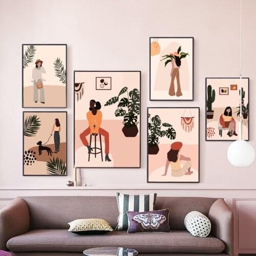 Abstract Fashion Vintage Figure Canvas Painting Monstera Cactus Leaf Posters and Prints Wall Art Nordic Pictures for Room Decor