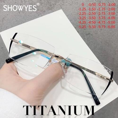 Anti Blue Light Rimless Titanium Glasses Myopia Men Business Eyeglasses Prescription Square Diamond Cutting Ti Optical Eyewear