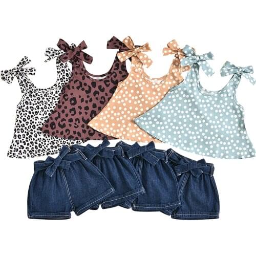 Infant Kids Baby Girl’s Summer Two Piece Set Fashion Dot/Leopard Suspender Tops and Solid Color Denim Short Pants 1-5T