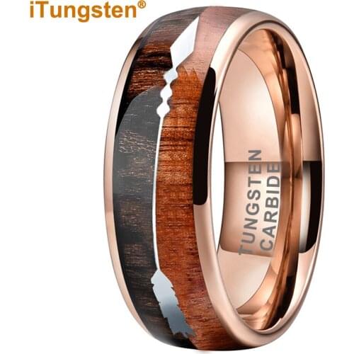 8MM Tungsten Ring Rose Gold Wedding Band For Men And Women Koa Wood Arrow Inlay Dome Band Comfort Fit New Arrivals