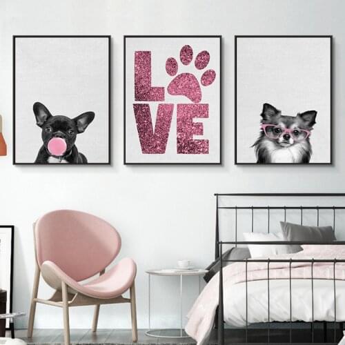 Cute Pet Dog Footprint Love Print Baby Animal Canvas Painting Rose Pink Poster Nursery Wall Art Picture Childrens Room Decor