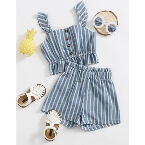 2pcs Striped Toddler Clothes Suits Kids Set Baby Girls Sleeveless Ruffles Pullover+ Short Pants Summer Children Summer Outfits