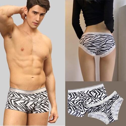 2PCS Fashion Couple Underwear Set Ice Silk Panties Mens Underwear Boxers Women Lovely Lace Panties for Lovers UnderPants
