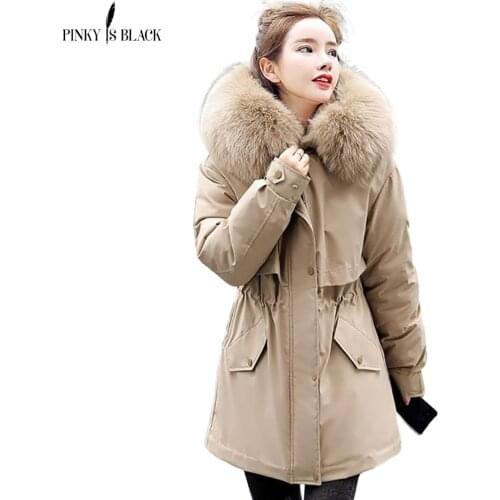 PinkyIsBlack New Women Long Winter Jacket Cotton-Padded Thick Drawstring Parkas Fur Liner Warm Casual Hooded Winter Coat Female