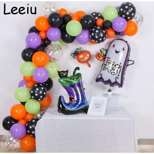 Leeiu Halloween Balloons Arch Kit Ghost Latex Balloon Halloween Decoration Black Orange Tinsel Fringe Party Background Curtains