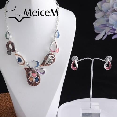 MeiceM Big Drop Pendant Necklaces for Female Fashion Gray Enamel Geometric Chain Choker Necklace WomensNecklaces Set Gifts