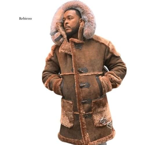 Winter Mens Fashion Long Sleeve Fur Thicken Warm Shearling Coat Men Faux Suede Hooded Jacket Outwear