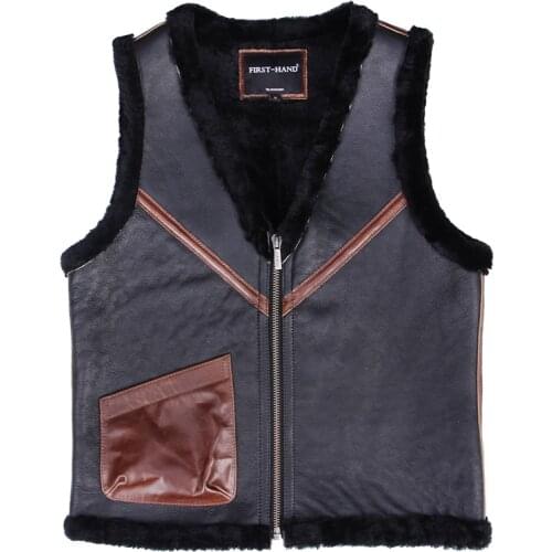 Waistcoat Men Winter Sheepskin Genuine Vest Wool Lined Thick Warm Real Leather Sleeveless Jacket Vintage Black Slim Fit