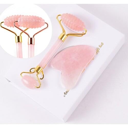 Natural Rose Quartz Sawtooth Face Roller & Silicone Caps Gua Sha Tools Sets Stone Quartz Massager Anti Wrinkle Cellulite Health