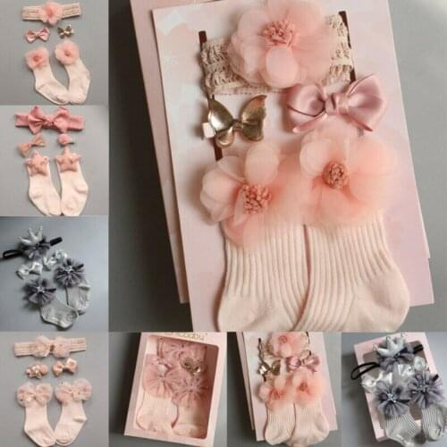 4pcs/Sets Newborn Baby Girls Boys Socks Lace Ruffle Tutu Socks Frilly Ankle Princess Anti Slip Socks+Headband+Hair Pin 0-24M