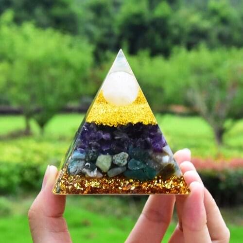 Handmade Amethyst And Fluorite Orgonite Pyramid With White Crystal Sphere Open CrownChakra Energy Orgone For Chakra Healing