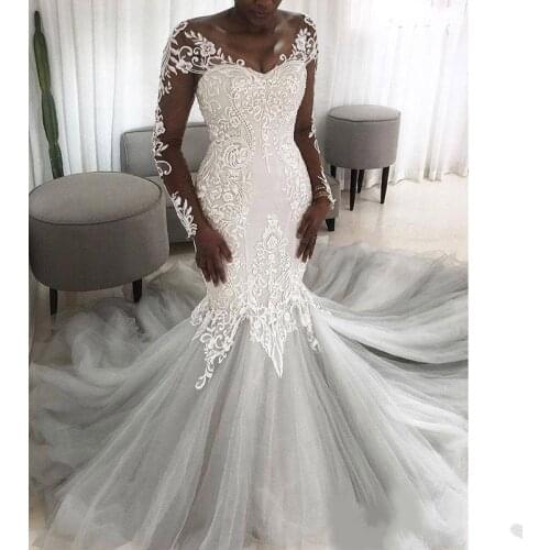 Lovely IIIsion Long Sleeves Lace Wedding Dresses Sweep Train Backless Mermaid Plus Size Vestidos de Noiva 2021