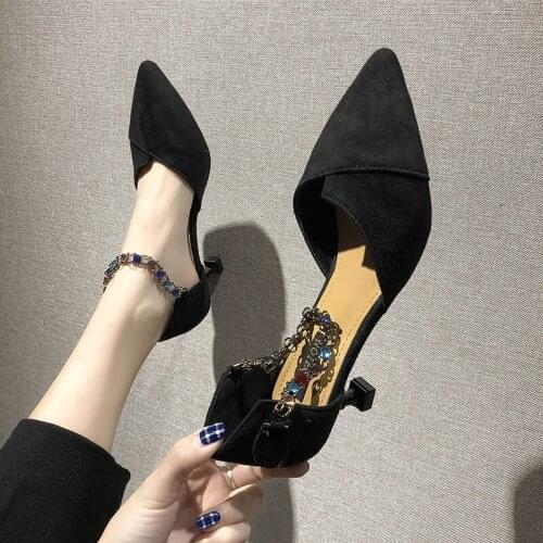 Heels Shoes Fashion Pointed Toe Wedding Party Square Heel String Bead Women Pumps Sexy buckles High 2020 Spring Autumn U18-39