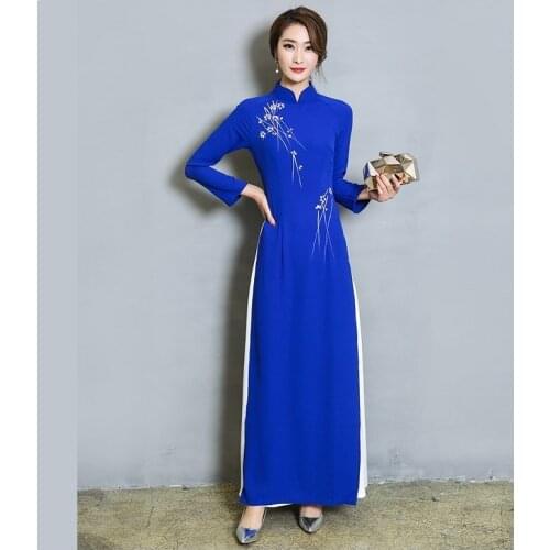 Vietnam Ao Dai Patchwork Tight Dress for Woman Chinese Traditional Costumes Qipao Cheongsams Flower Female Oriental Outfits