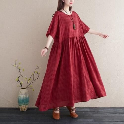Vintage Red Plaid Dress Thin Soft Cotton Loose Fashion Summer Dress Holiday Beach Style Women Travel Casual Long Maxi Dress