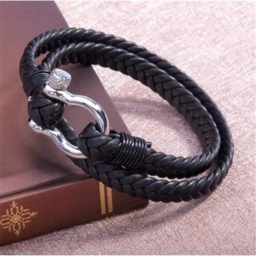 High Quality Stainless Steel Shackle Buckle Leather Survival Bracelet For Men Nautical Sailor Surfer Wristband Jewelry 2018 Gift