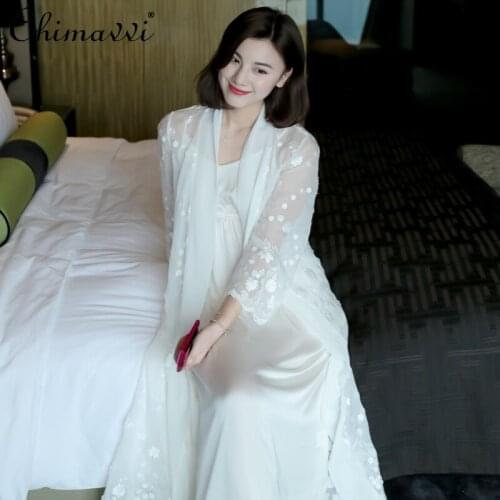 Womens Pajamas 2021 Summer New Silk Thin Cardigan Embroidery Bathrobe Sexy Sling Dress Home Wear Two-Piece Robe Gown Set