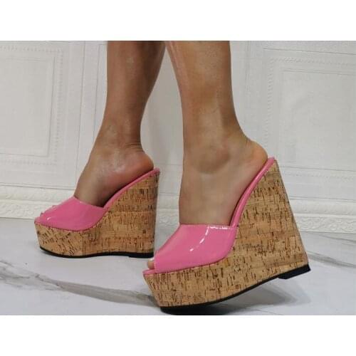 Dipsloot New Girls Hot Pink Patent Leather Peep Toe Slip On Wedge Sandals Woman Fashion Thick Sole Platform Heels Slippers Shoes