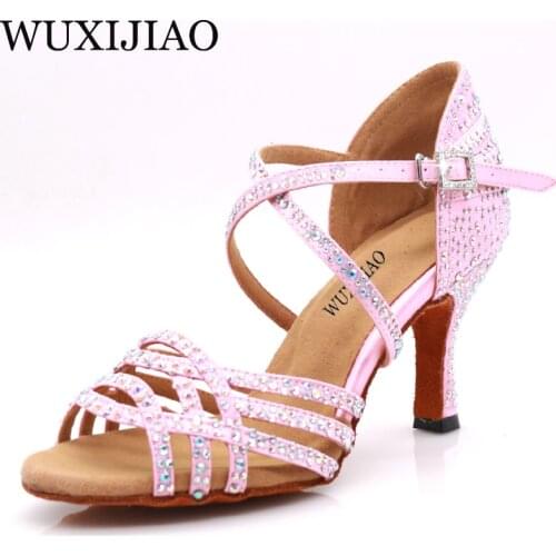 WUXIJIAO Latin black Rhinestone Dance Shoes Women Salas Ballroom Shoes Cuba Heel 8.5cm Waltz Software Hot Sale dance Shoes