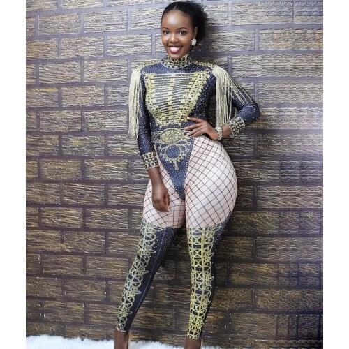 Gold Fringes Epaulet Rhinestones Jumpsuit Women Jazz Dance Nude Stretch Bodysuit Outfit Evening Show One-piece Sexy Costume Wear