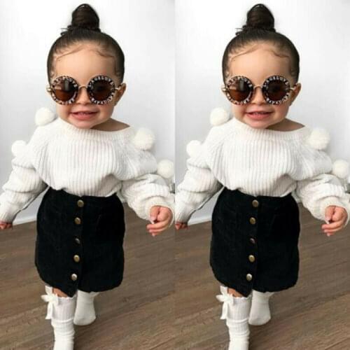 1-6Y Autumn Toddler Baby Kids Girls Clothes Sets Long Sleeve Hairball Knit Tops Sweater+Button Mini Skirt Warm Outfits Sets