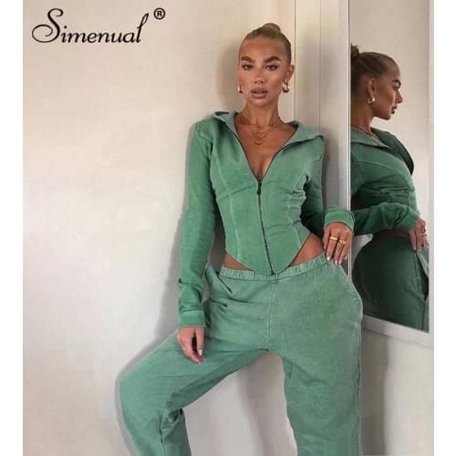 Simenual Casual Workout Sporty Two Piece Set for Women Autumn Long Sleeve Hooded Lounge Wear Zipper Corset Top And Pants Outfits