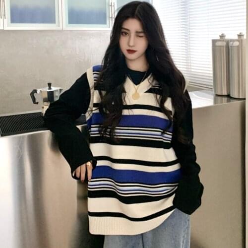 Women Vest 2021 Autumn New Korean Fashion V-neck Stripe Contrast Design Loose Casual Wild Sleeveless Sweater Top Knitted Vests