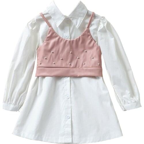 2-7Y Fashion Kids Girls Autumn Dress 2pcs Solid Long Sleeve Single Breasted Shirts Dress+Pearl Leather Vest