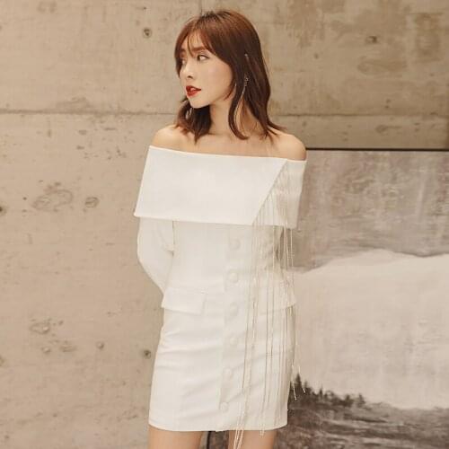 YIGELILA Autumn Office Lady White Dress Solid Slim Full Sleeves With Pokets Dress Slash Neck Above knee Short Women Dress 65341