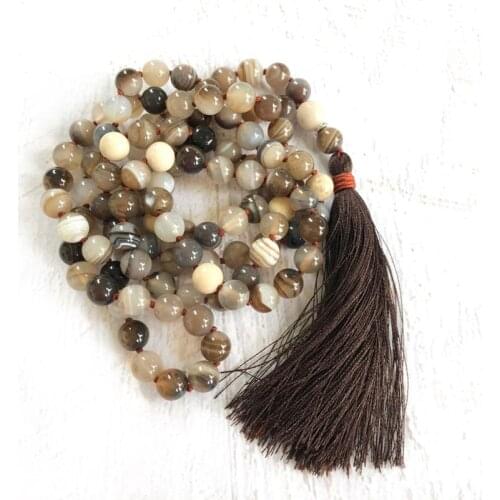 Heal The Emotions Mala Beads Botswana A-gate Mala Necklace 108 Beads Riverstone Hand Knotted Necklaces Spiritual Jewelry