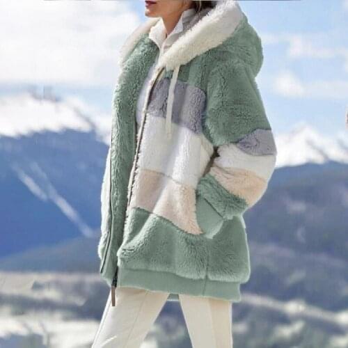 Winter Warm Plush Furry Thick Jacket Fashion Patchwork Zip-up Pocket Hooded Coats Women Casual Long Sleeve Loose Outerwear 2021