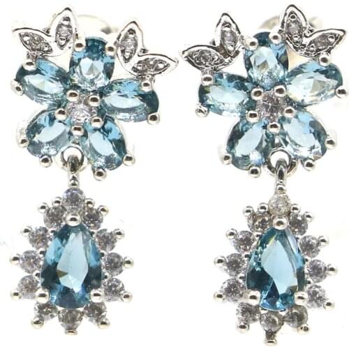 23x12mm Lovely Cute Created Flowers London Blue Topaz Bright Zircon Gift For Women Jewelry Silver Earrings Drop Shipping