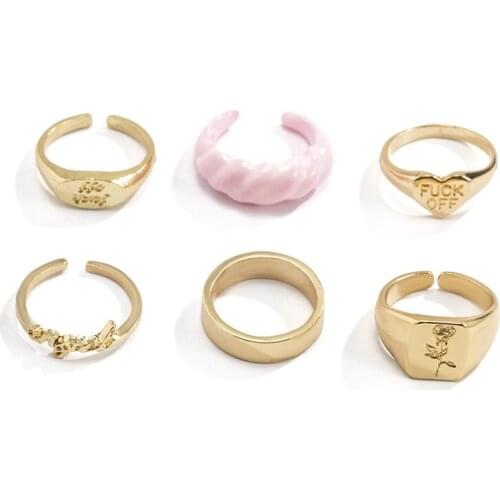 6 Pcs/Set Fashion Carved Flower Letter Angel Rings Set Personality Geometric Rings for Women Men Jewelry Accessories