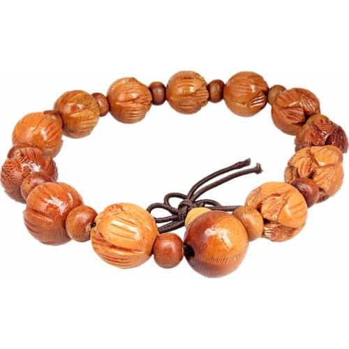 Buddhist Bracelet Wood Bead with Carved Lotus Flower Mala Bangle