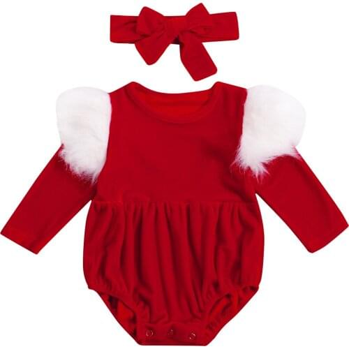 2021 Lovely Baby Clothes Baby Girls 2Pcs Fall Outfits, Faux Fur Ruffle Trim Long Sleeve Romper with Headband Set