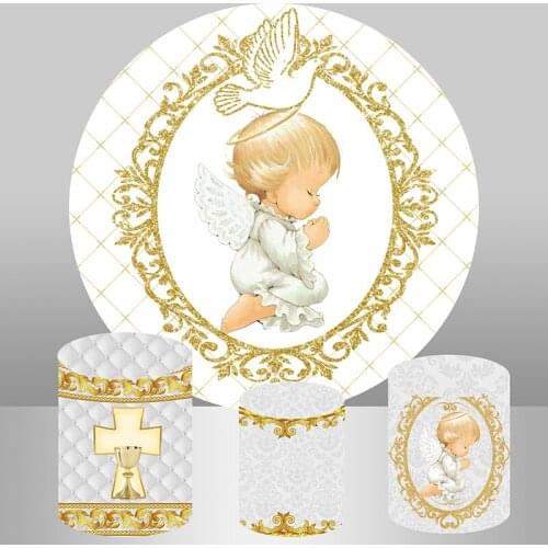 Baptism Round Backdrop Cover Gold Pigeon Angel Baby Shower Circle Background First Communion Party Decoration Table Plinth Cover