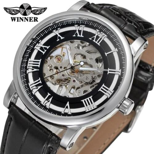 Winner Mens Watch New Mechanical Hand-wind Dress Round with Black Leather Strap Gift Box Wristwatch Color Silver WRG8051M3S1