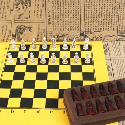 Antique Chess Game Set Small Leather Chess Board Qing Bing Chess Pieces Characters Parenting Gifts Entertainment Go