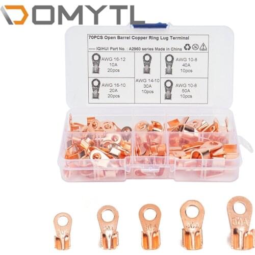 70 Pack Open Barrel Ring Lug Terminals Assortment Kit Pure Copper Crimp Terminal Home Circuit Modification Electrician Repair