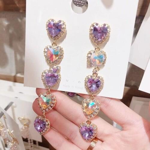 New Korean Shiny Heart Crystal Drop Earrings For Women Fashion Shell Rhinestone Party Jeweley Gift