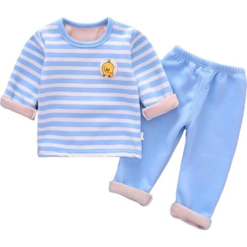 Kids Sleepwear Suits Cotton Clothes Tops Pants 2Pcs Sets Autumn Winter Stripe Plus Velvet Warm Childrens Baby Boy Girl Pajamas
